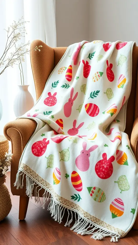 A festive throw blanket featuring colorful bunnies and Easter eggs draped over a chair.