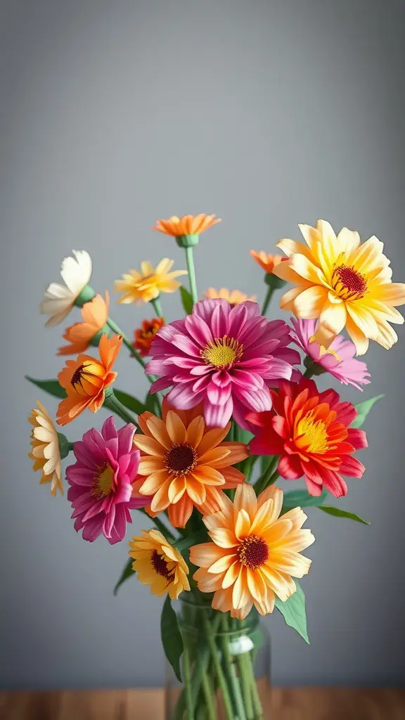 A vibrant bouquet of colorful tissue paper flowers in a clear vase