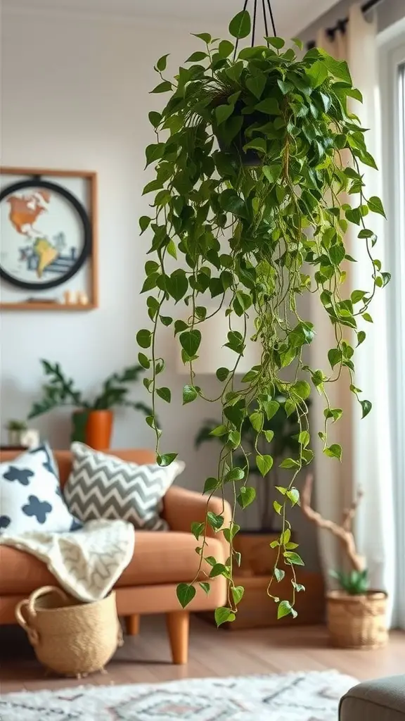 15 Stunning Hanging Plants to Beautify Your Living Room Windows 16 Image of a Ficus Pumila plant hanging in front of a window in a cozy living room with an orange couch and decorative pillows.