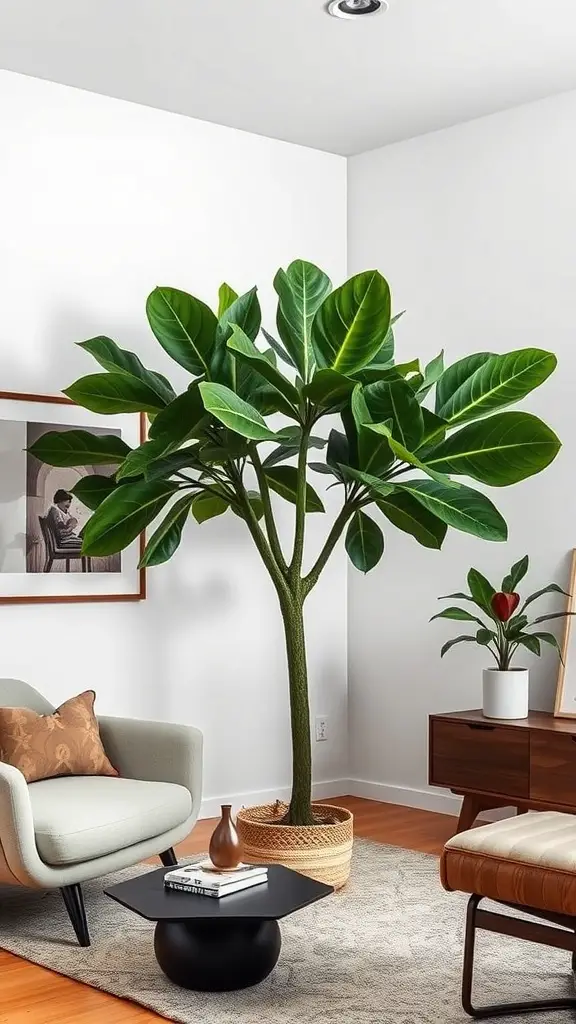 15 Indoor Corner Plants That Make Any Room Look Stylish! 6 A tall Fiddle Leaf Fig plant in a modern living room with stylish furniture.