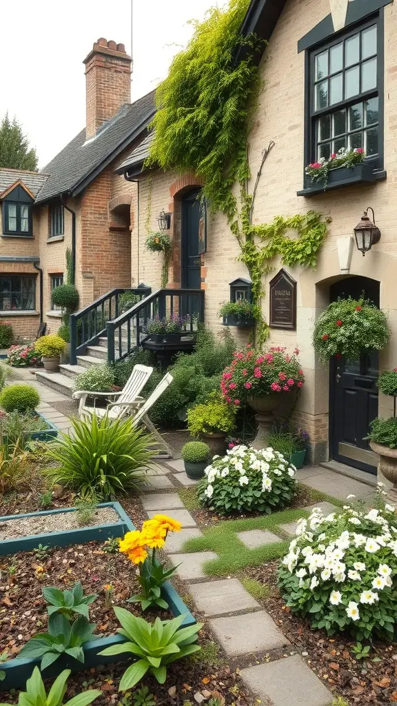 23 Stunning Cottage Garden Design Ideas for a Charming Outdoor Space 20 A charming cottage garden with colorful flowers, a cozy house, a seating area, and lush greenery.
