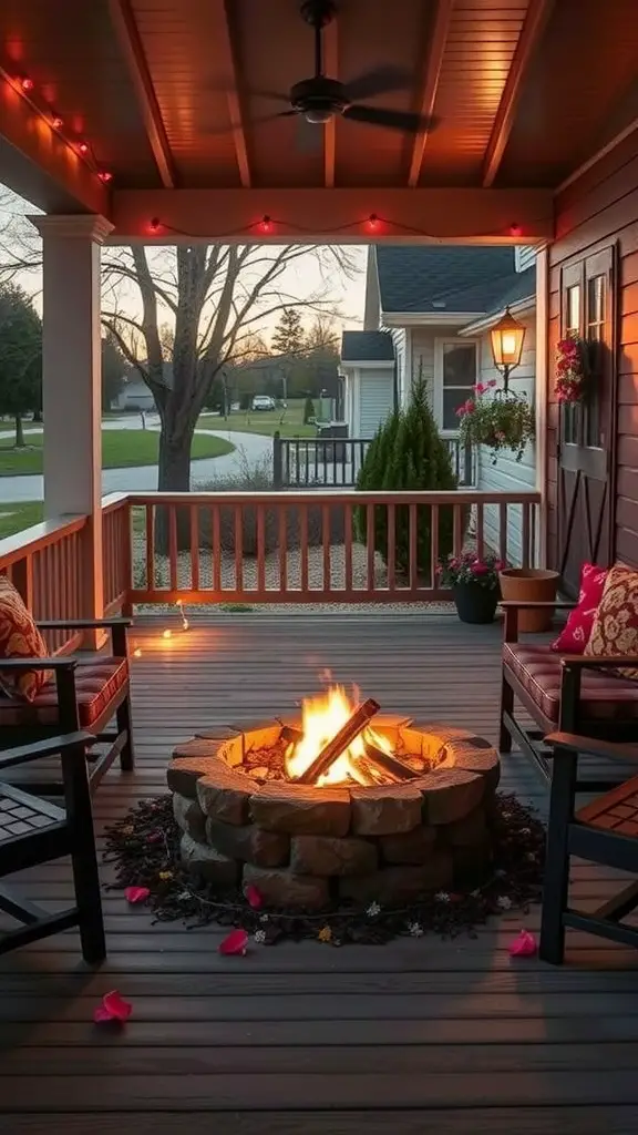 A cozy front porch featuring a stone fire pit, comfortable seating, and soft lighting.