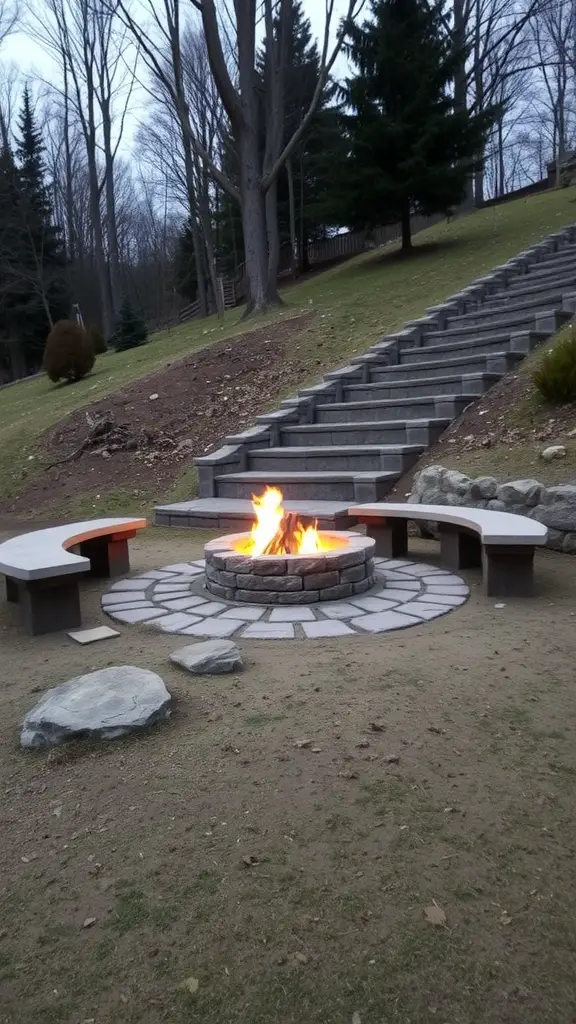 A cozy fire pit area surrounded by stone seating and steps in a sloped backyard