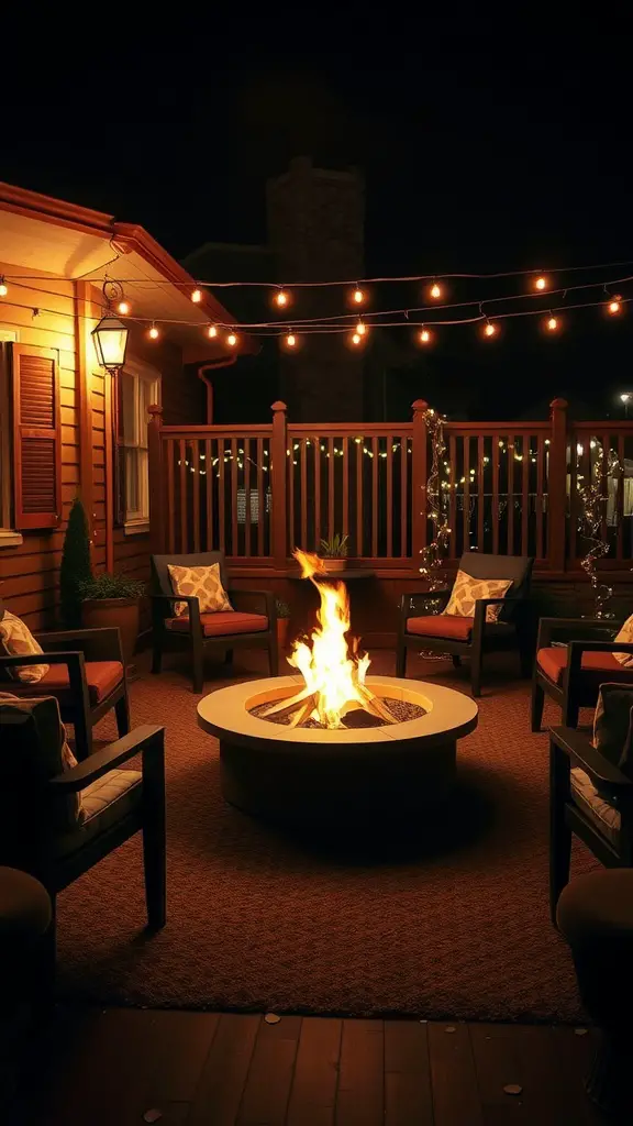 27 Creative Corner Landscaping Ideas for Your Garden 17 A cozy fire pit surrounded by comfortable seating and string lights at night.