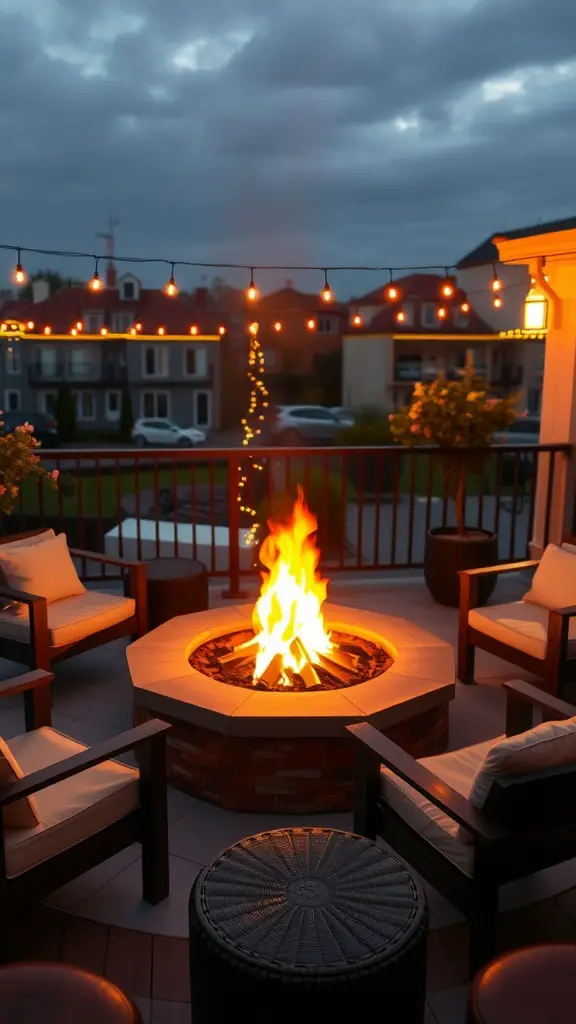 Fire pit surrounded by lights on a balcony with chairs and a cozy atmosphere.