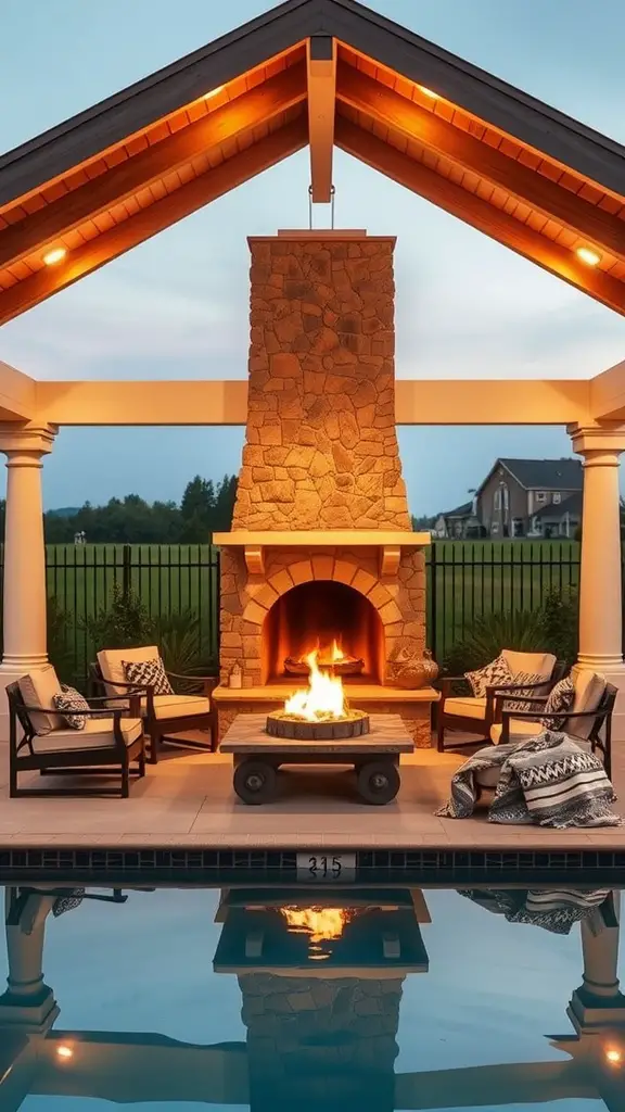 A cozy pool pavilion featuring a stone fireplace, comfortable seating, and a warm glow from the flames.