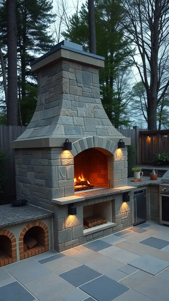 35 Creative Backyard Kitchen Ideas for Outdoor Cooking Enthusiasts 30 Outdoor fireplace in a backyard kitchen, featuring stone structure and warm flames.