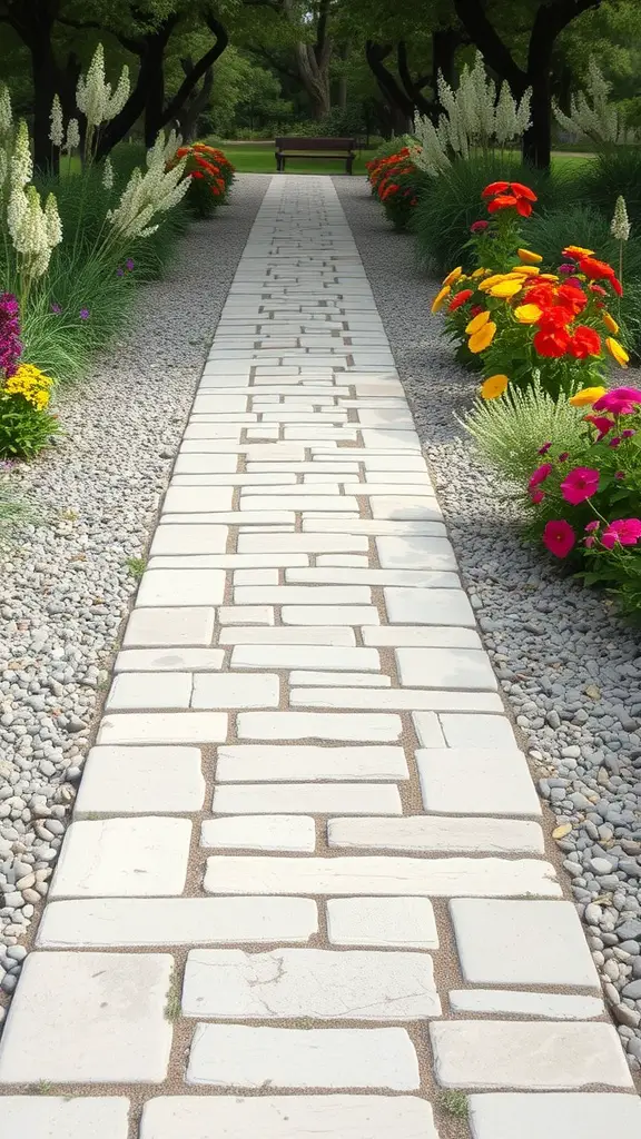 31 Creative Garden Walkway Ideas for Your Outdoor Space 5 A beautiful flagstone pathway bordered by colorful flowers and gravel.