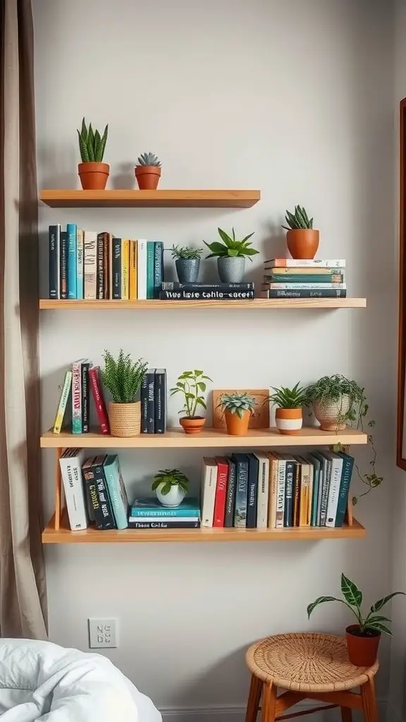 Floating wooden shelves filled with books and small potted plants in a cozy bedroom setting.