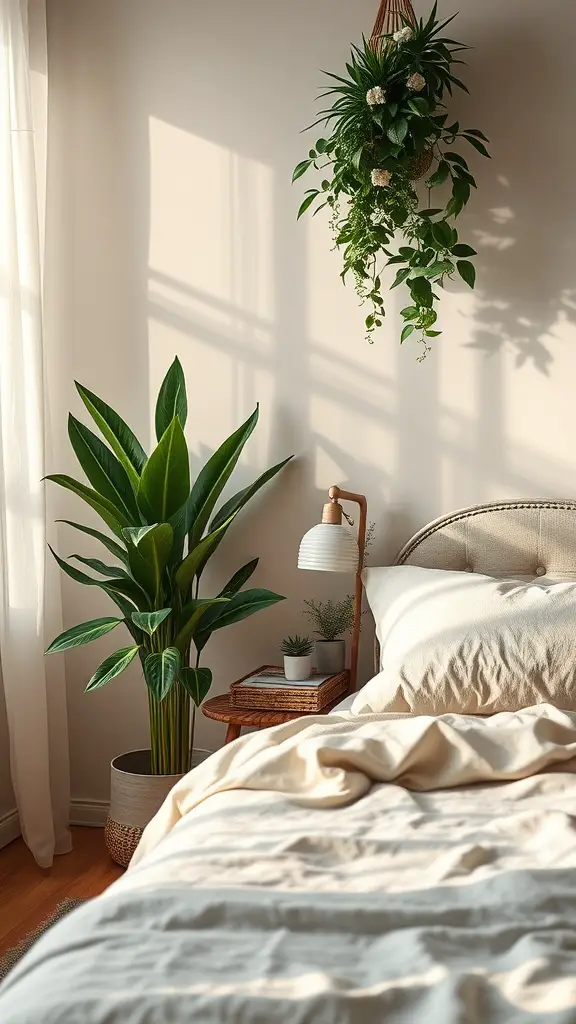 A cozy bedroom with a tall floor plant next to a bed and smaller plants on the nightstand.