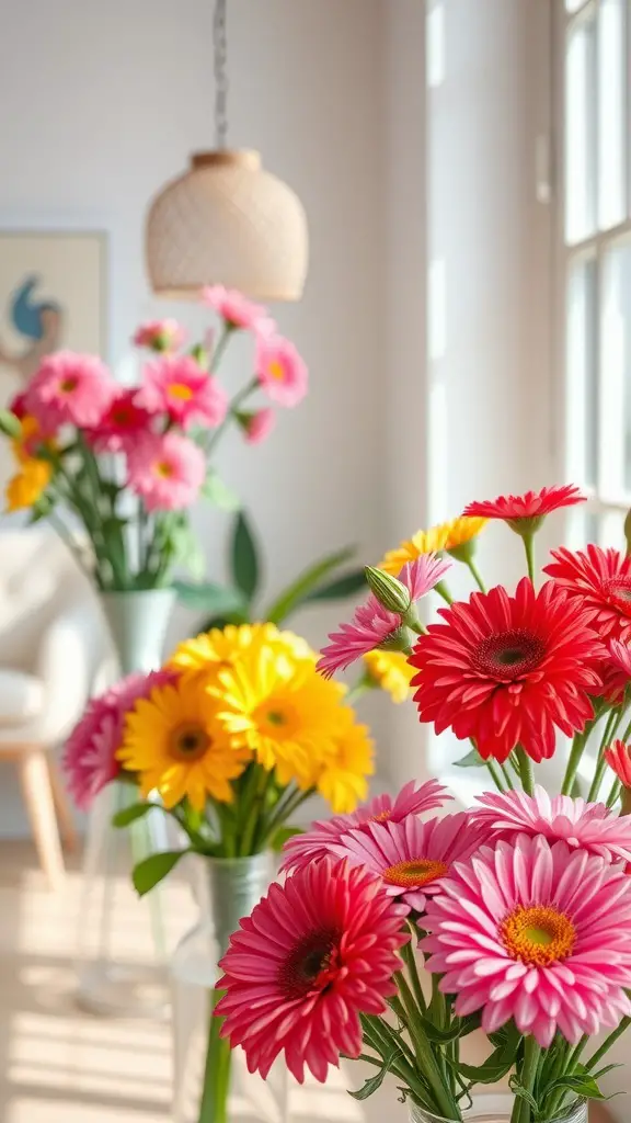 Colorful flowers in pink, yellow, and red in a bright room