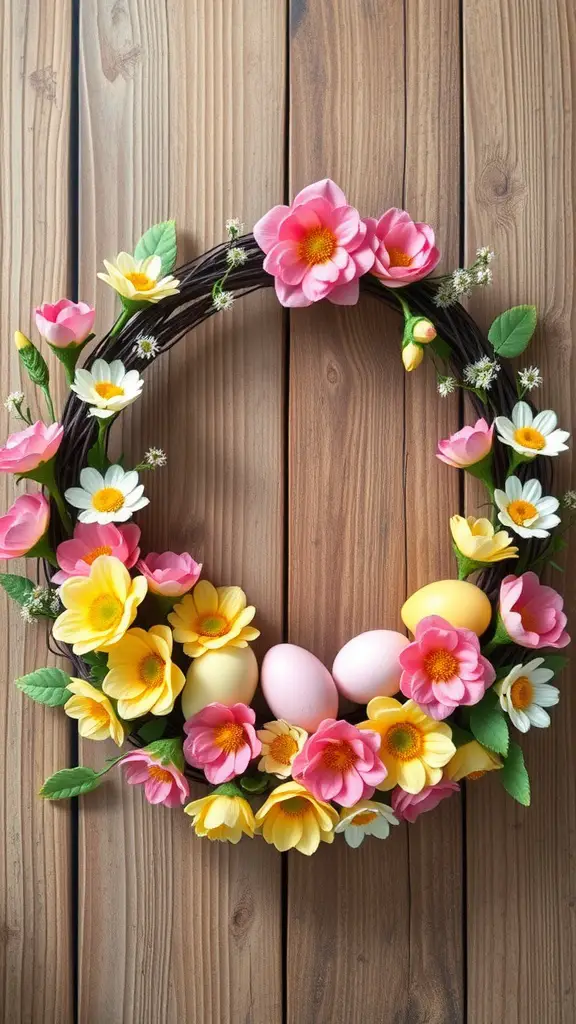 A vibrant floral wreath with pink and yellow flowers and pastel Easter eggs