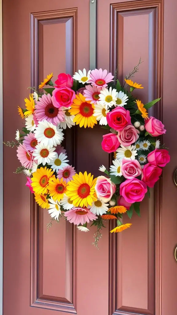 A vibrant spring wreath adorned with pink and yellow roses, white and pink daisies, and touches of greenery, displayed on a front door.