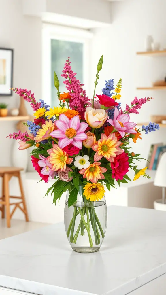 A colorful floral centerpiece with fresh blooms in a glass vase on a kitchen island.