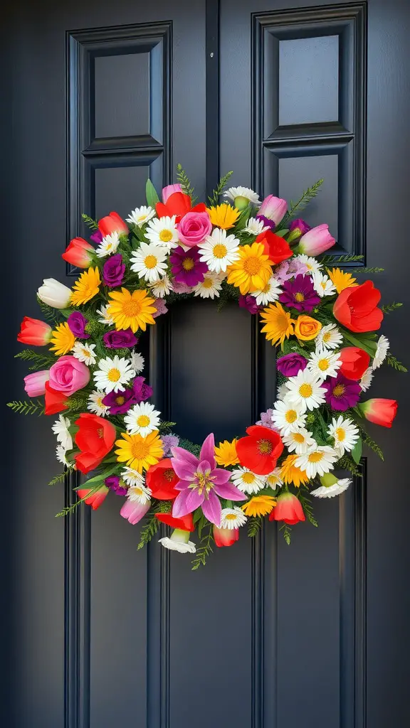 A colorful floral spring wreath with tulips, daisies, and roses on a dark door.