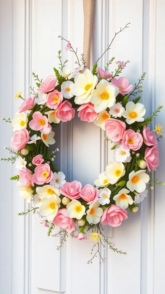 A floral spring wreath featuring pink and white flowers