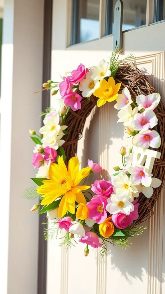 A colorful spring wreath with pink, yellow, and white flowers on a door.