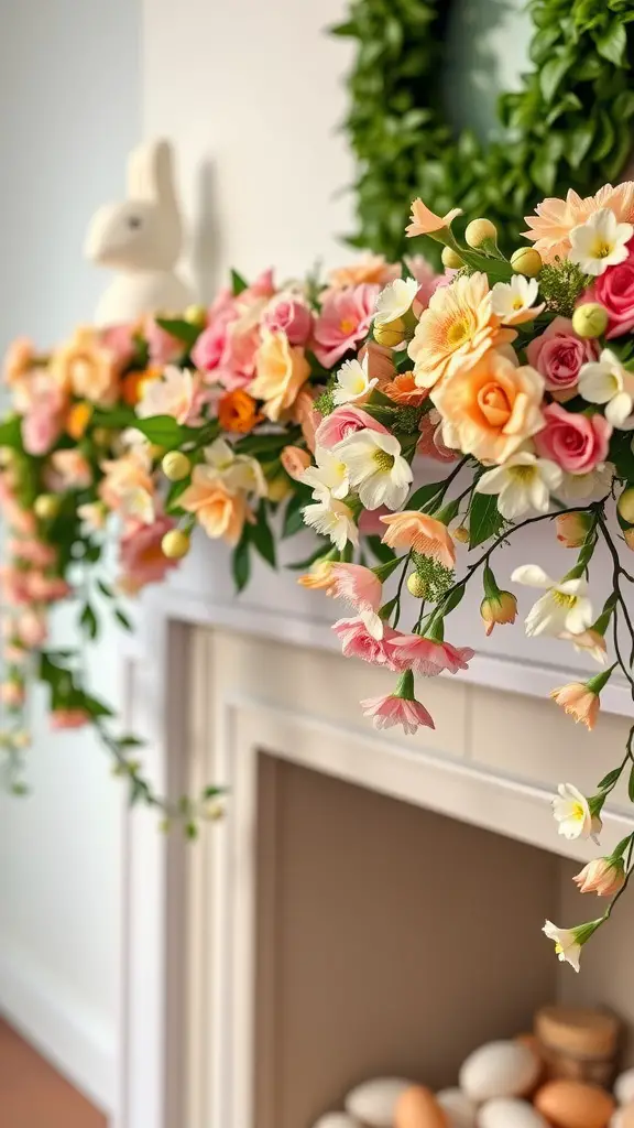 A beautiful floral garland with pastel flowers and a decorative bunny on a mantel.