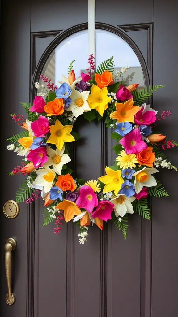 A colorful floral wreath made from artificial flowers, decorated with vibrant blooms and green ferns, hanging on a brown door.