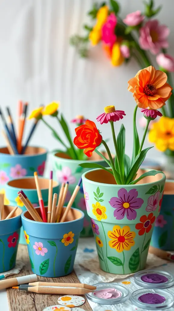 Colorful flower pots painted with floral designs, surrounded by art supplies.