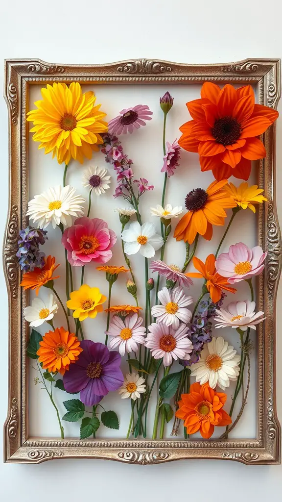 A framed artwork showcasing various pressed flowers in vibrant colors like yellow, orange, and purple.