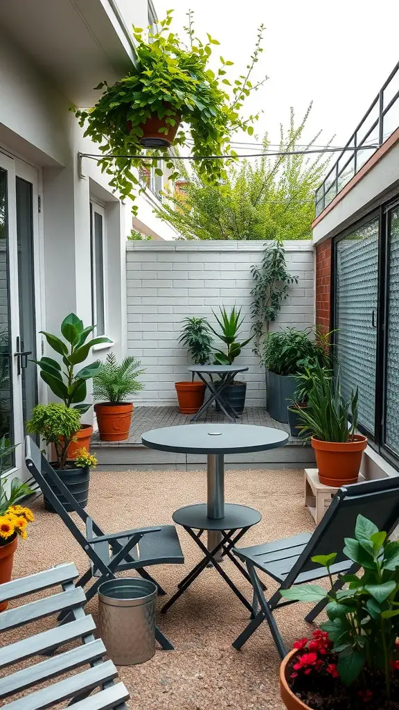 25 Creative Small Patio Ideas for Your Outdoor Space 2 A small patio with foldable furniture, including a round table and two chairs, surrounded by potted plants