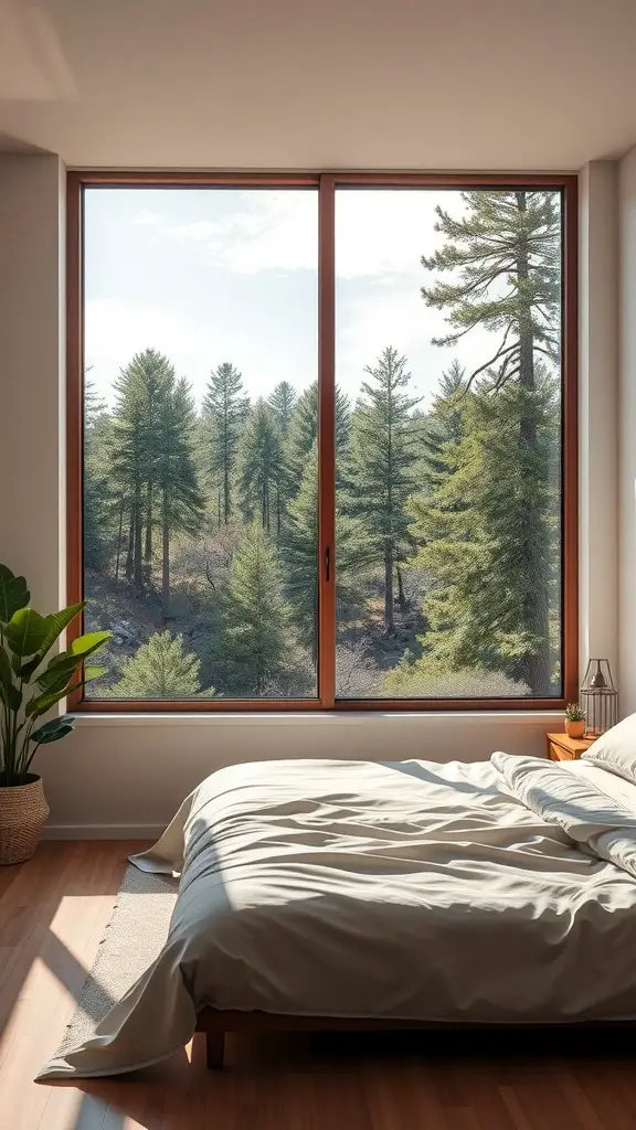 A bright bedroom with large windows showcasing a view of lush green trees.