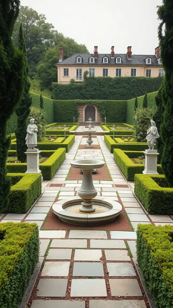 A formal garden layout featuring a central fountain, manicured hedges, and statues with a stately house in the background.