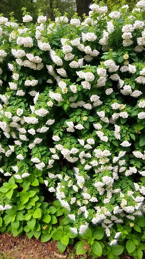 41 Fast Growing Privacy Shrubs for a Lush Backyard Retreat 43 A lush Fothergilla shrub in full bloom with fluffy white flowers among green leaves.