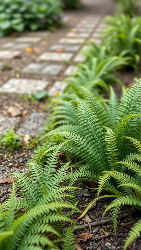 Lush foxtail ferns growing along a stone pathway.