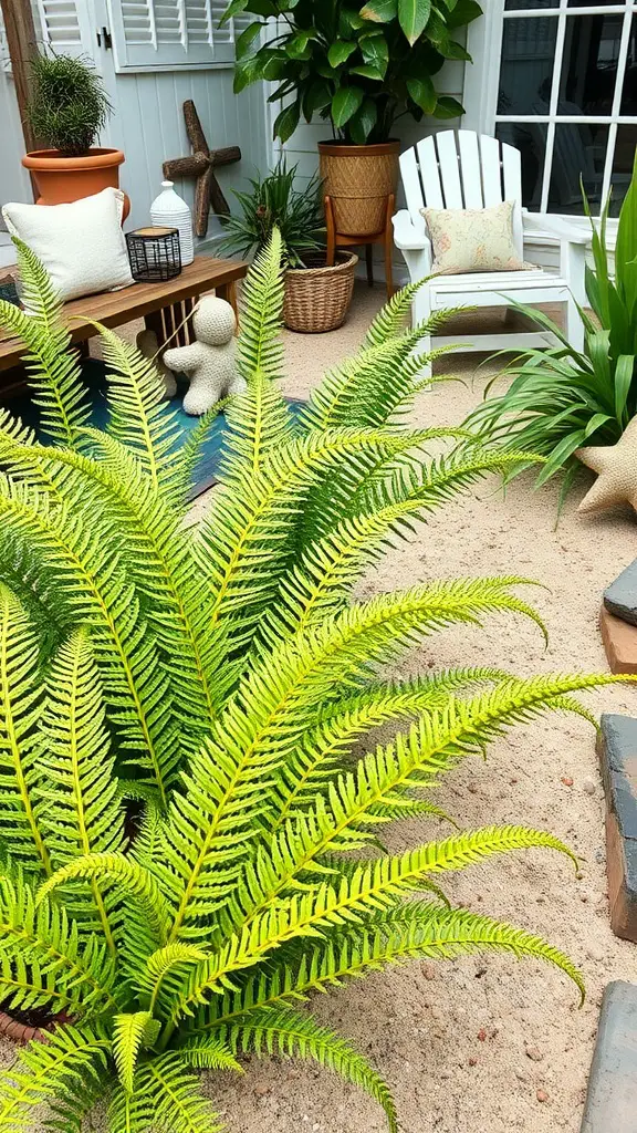 Bright green foxtail ferns in a coastal garden setting with wooden furniture.