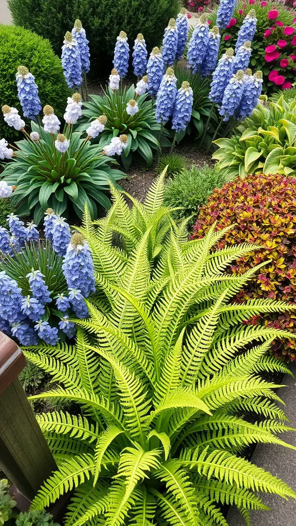 A colorful garden featuring foxtail ferns among blue flowers and various other plants.