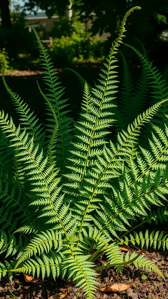 Close-up of foxtail ferns showcasing their feathery green foliage in a shaded garden.