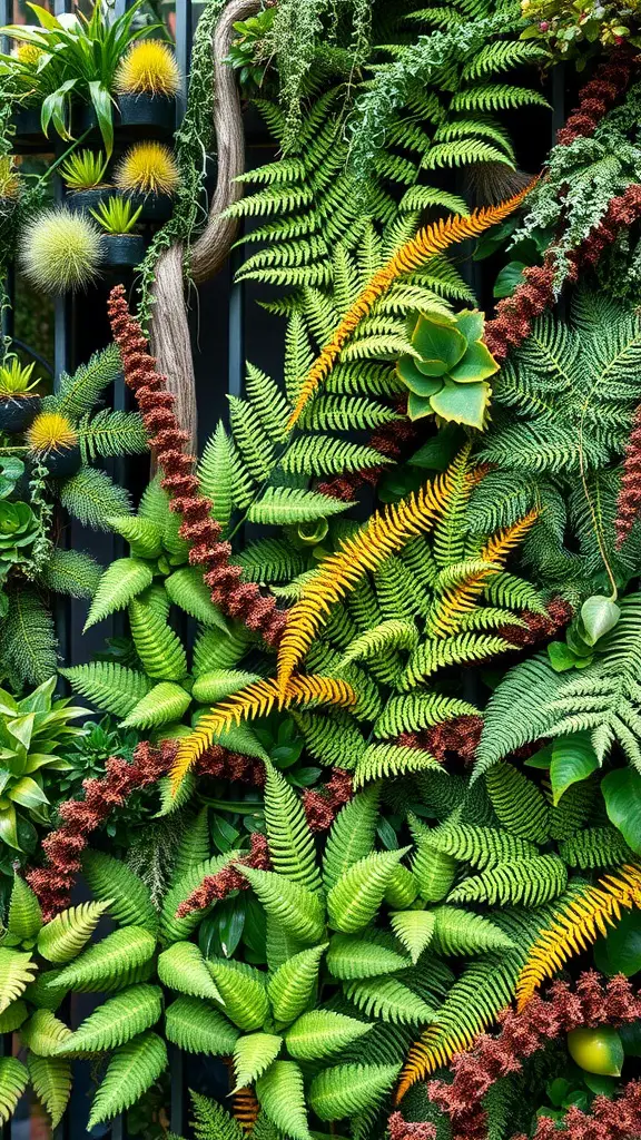 A vibrant vertical garden featuring various ferns and plants, including foxtail ferns.