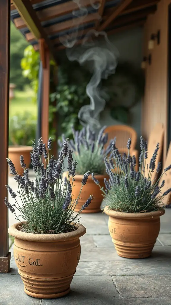 27 Stunning Potted Flowers Perfect for Your Patio 6 Potted lavender flowers on a patio with smoke in the background