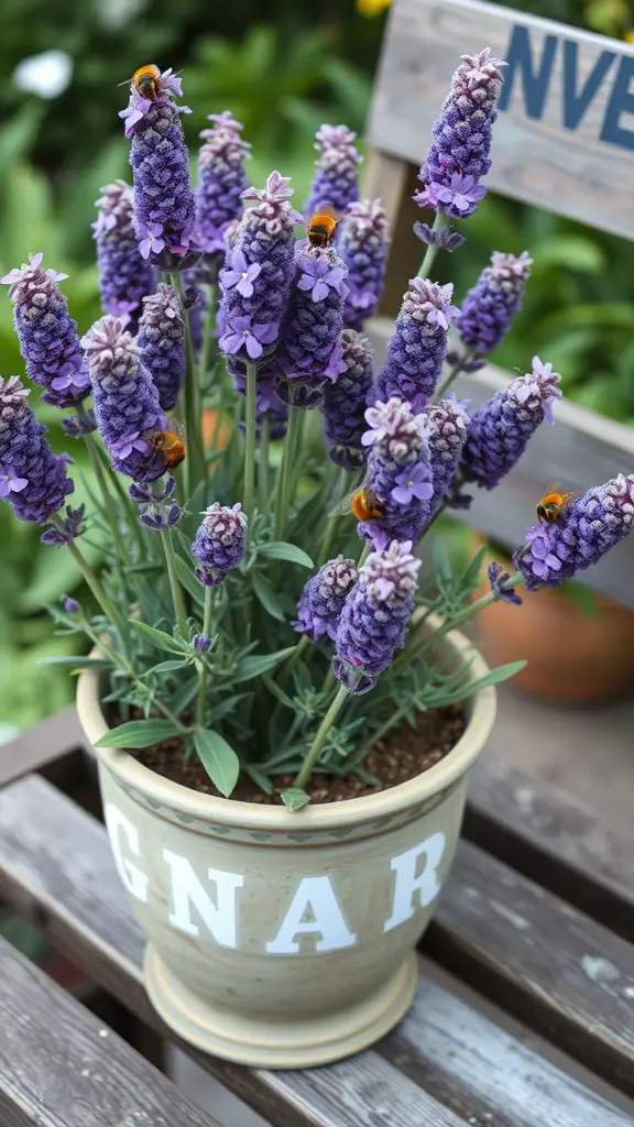 25 Beautiful Flowers Perfect for Container Gardening 5 Container of lavender flowers with a bee on it, placed on a wooden surface.