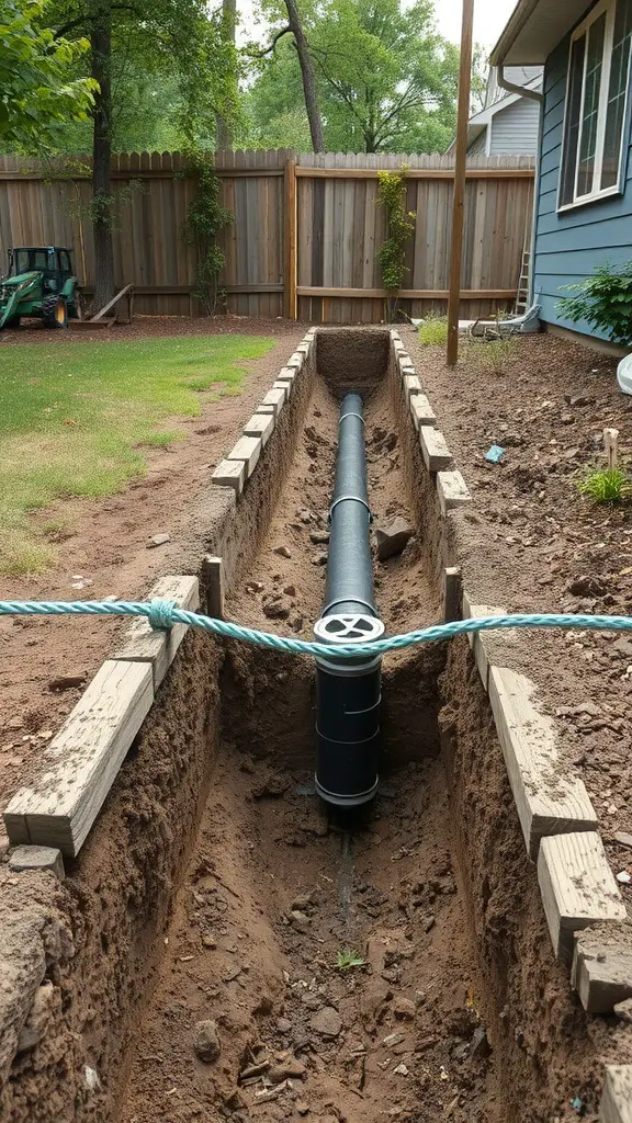 A trench prepared for French drain installation, showing a black drainage pipe and wooden edges.