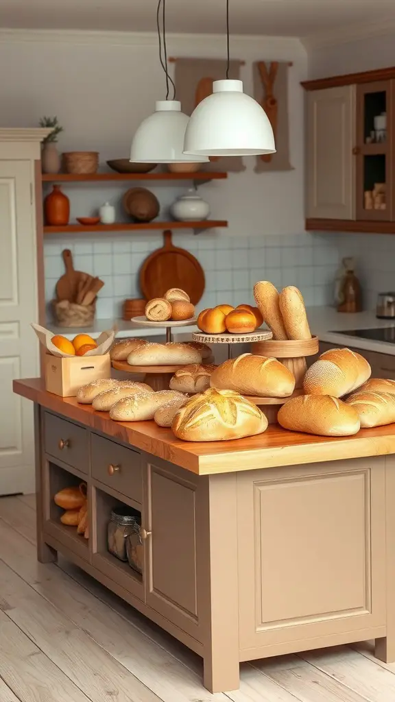 A kitchen island showcasing various types of bread and pastries, with light fixtures above and wooden accents around.