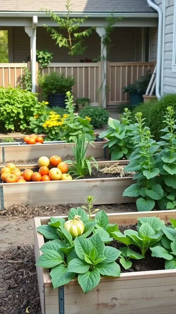 27 Stunning Front Garden Ideas to Transform Your Curb Appeal 22 A front garden with raised beds filled with vegetables and fruits, including pumpkins and oranges, surrounded by greenery.