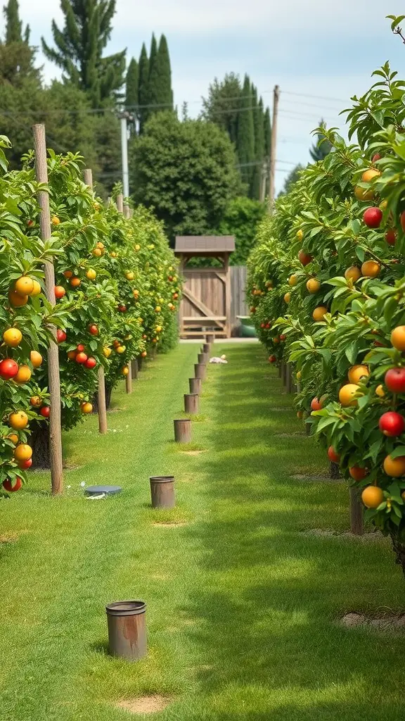 A vibrant fruit tree orchard with neatly arranged trees bearing colorful fruit.