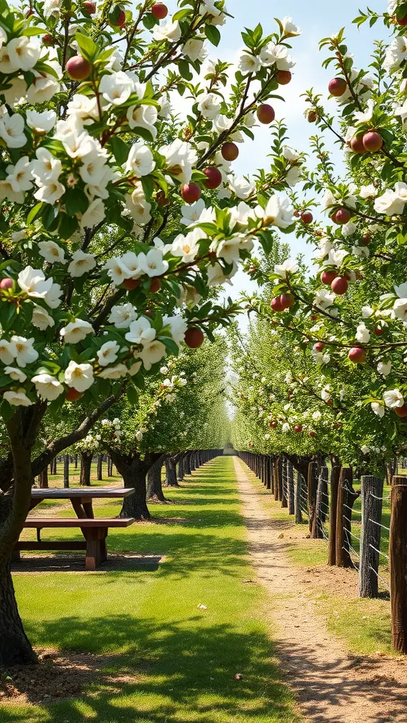 A picturesque fruit tree orchard with blooming white flowers and ripe apples, featuring a pathway and a picnic table.