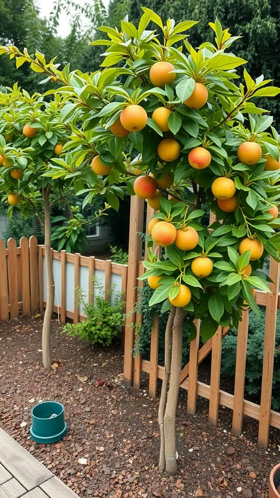 Two small fruit trees with ripe yellow fruits near a wooden fence.