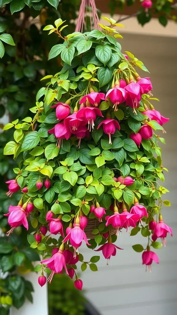 34 Gorgeous Shade Garden Plants for a Lush Landscape 17 Hanging basket filled with vibrant pink and purple fuchsia flowers surrounded by lush green leaves.