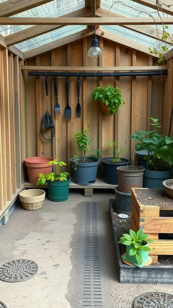23 Stylish Potting Shed Interior Ideas for a Modern Touch 22 Image of a potting shed interior with a drainage channel, potted plants, and gardening tools.