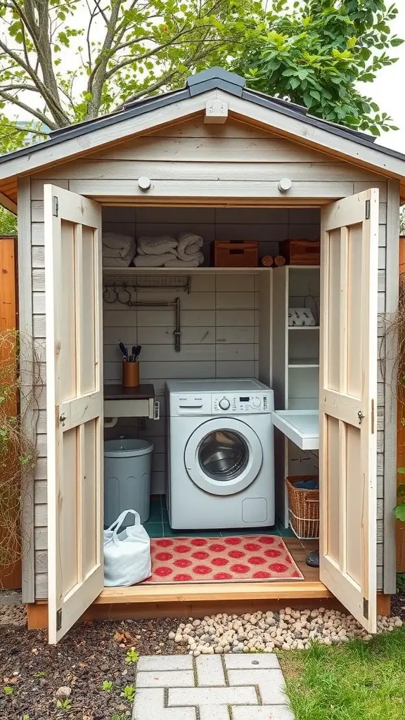 27 Stunning Garden Shed Interiors to Inspire Your Outdoor Space 19 Interior of a garden shed used as a laundry room with a washing machine and organized storage.