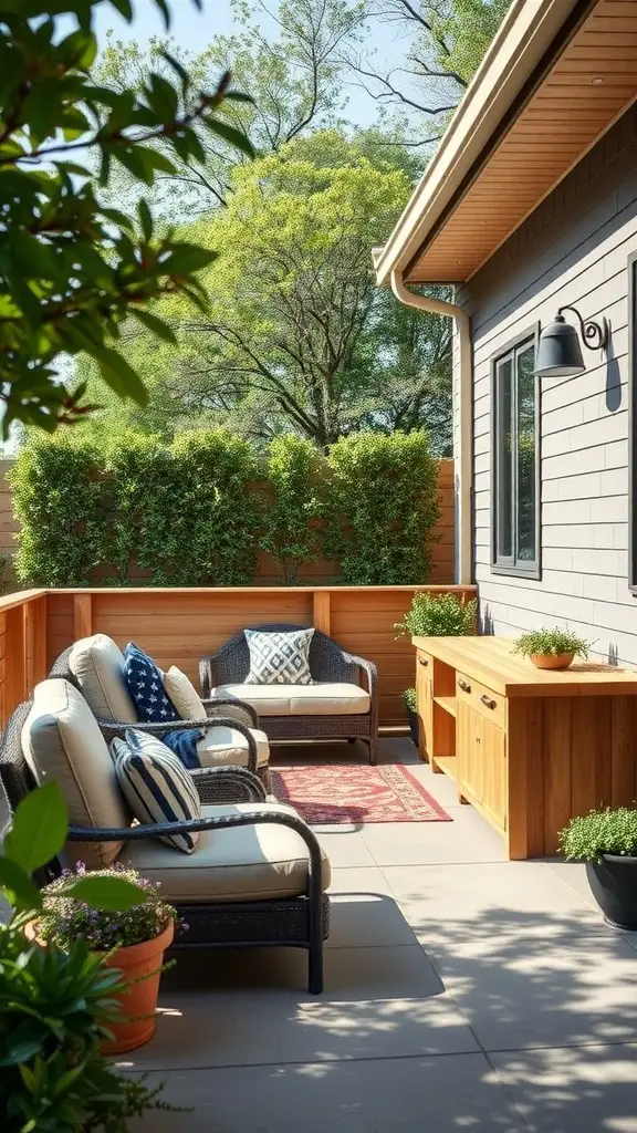 Functional outdoor storage on a patio with seating and greenery