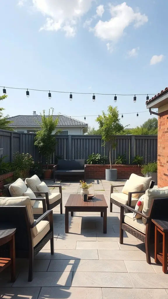 33 Creative Backyard Pool and Patio Ideas for Your Dream Outdoor Space 24 A cozy patio arrangement with comfortable chairs, a wooden coffee table, and greenery.