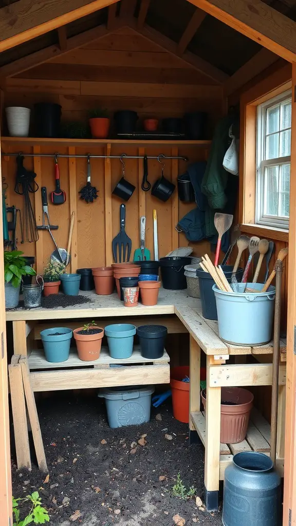 27 Stunning Garden Shed Interiors to Inspire Your Outdoor Space 8 A well-organized potting station in a garden shed with shelves, pots, and tools.