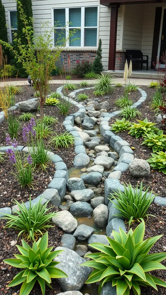 25 Stunning Front Yard Landscaping Ideas to Elevate Your Curb Appeal 23 A rain garden featuring a winding stream lined with stones and various green plants.