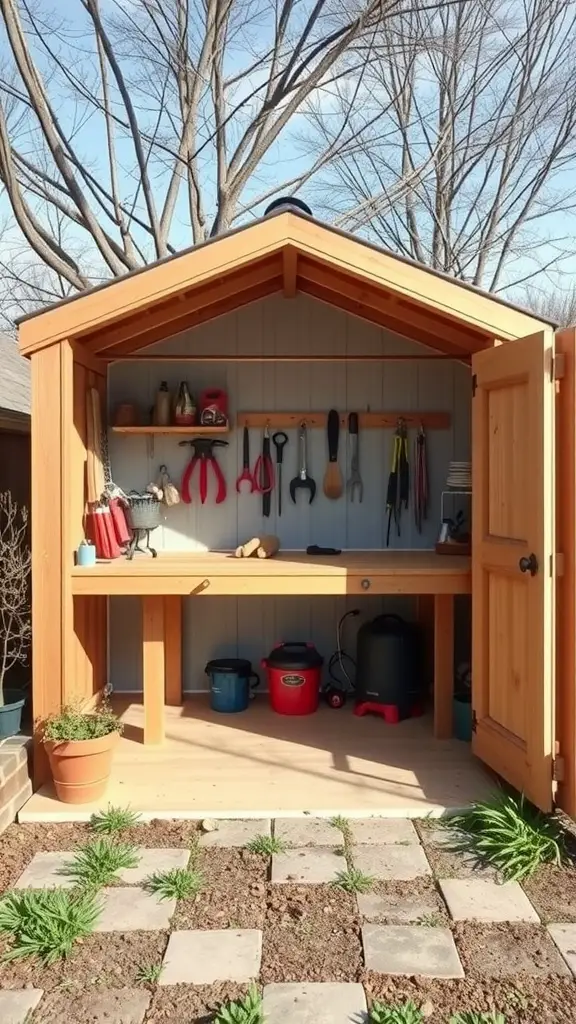 23 Stunning Garden Shed Exterior Ideas to Transform Your Backyard 16 A functional garden shed with an outdoor workspace, featuring a wooden workbench and organized tools.